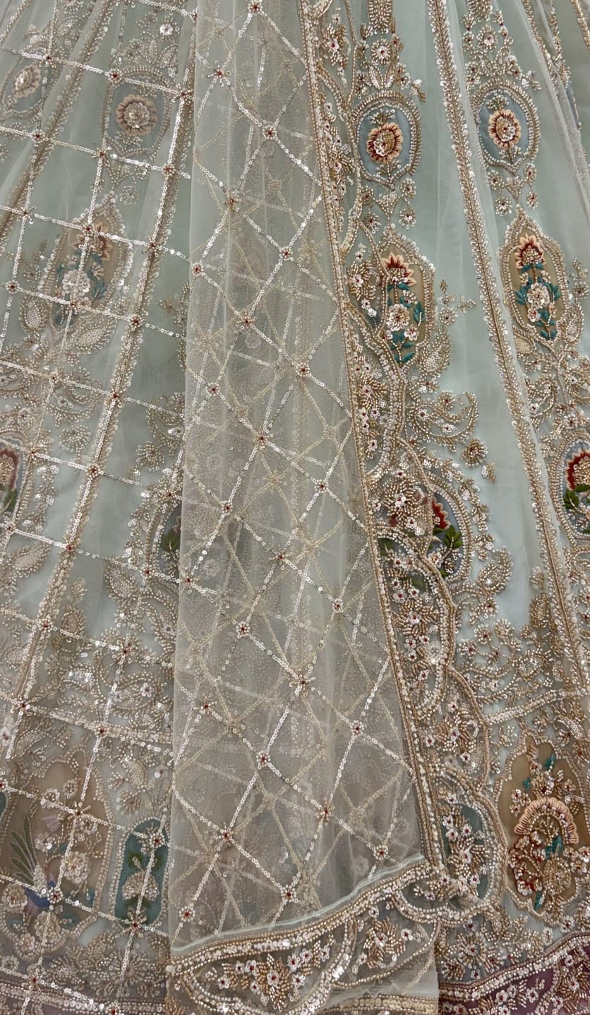 Sky Pure Heavy Net Motif Handwork Zari Sequins Work Bridal Lehenga Choli
