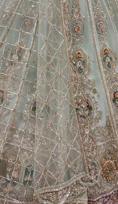 Sky Pure Heavy Net Motif Handwork Zari Sequins Work Bridal Lehenga Choli
