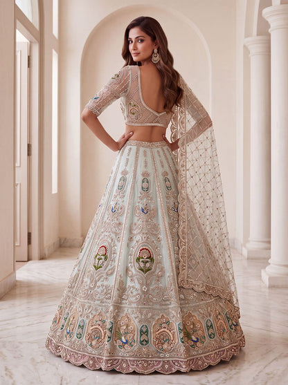 Sky Pure Heavy Net Motif Handwork Zari Sequins Work Bridal Lehenga Choli