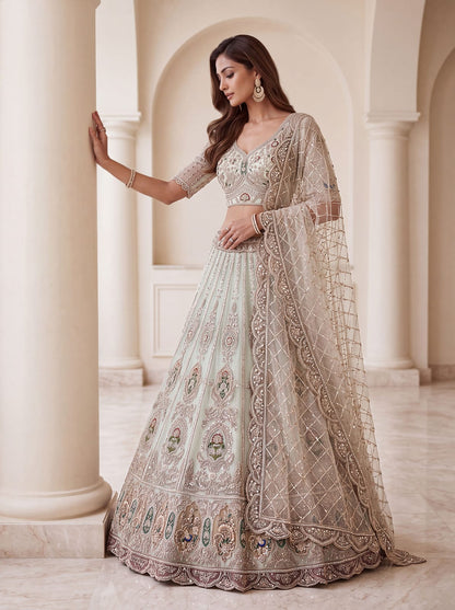 Sky Pure Heavy Net Motif Handwork Zari Sequins Work Bridal Lehenga Choli