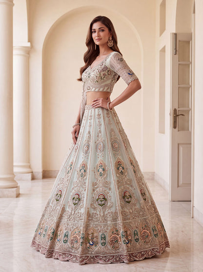 Sky Pure Heavy Net Motif Handwork Zari Sequins Work Bridal Lehenga Choli