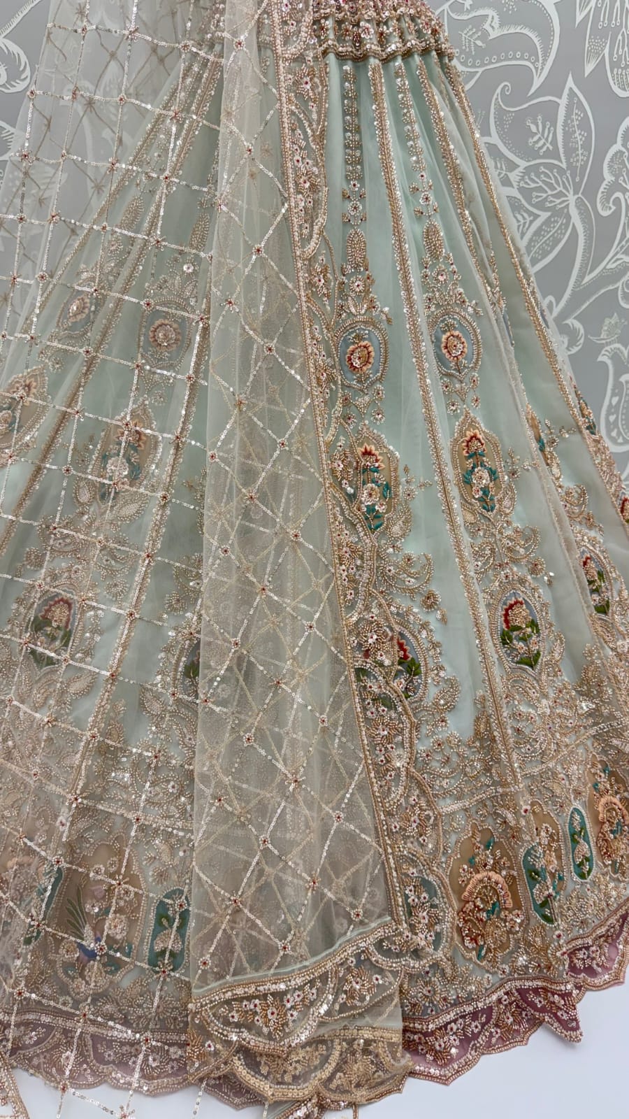 Sky Pure Heavy Net Motif Handwork Zari Sequins Work Bridal Lehenga Choli