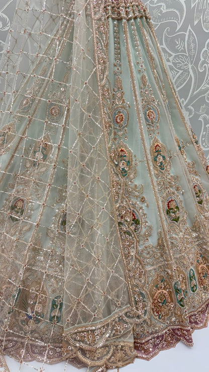 Sky Pure Heavy Net Motif Handwork Zari Sequins Work Bridal Lehenga Choli