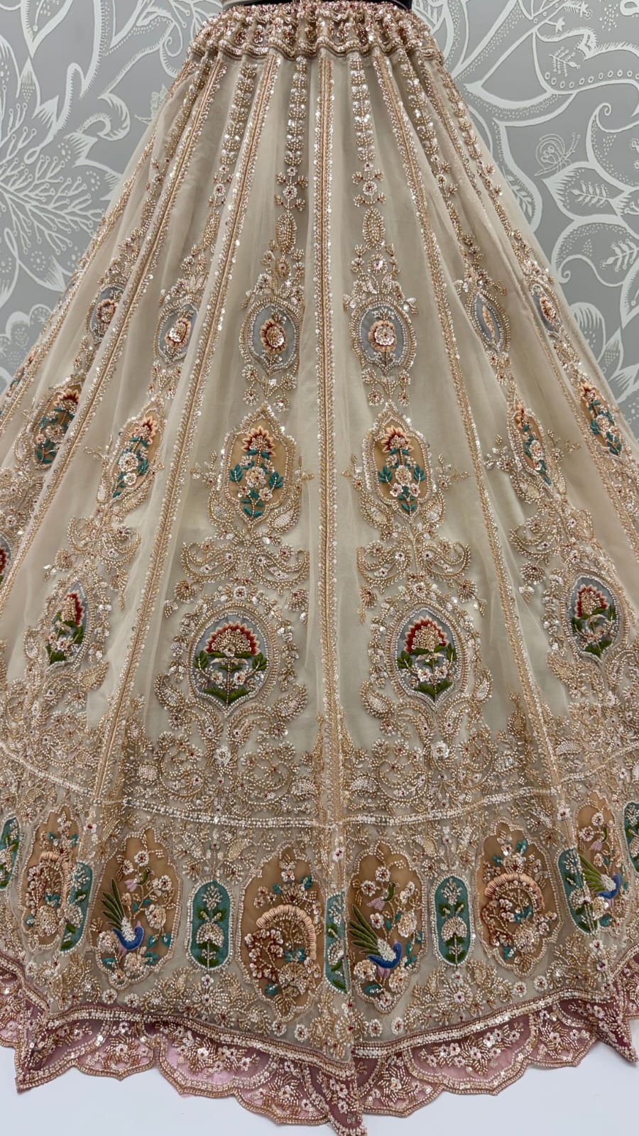 Cream Pure Heavy Net Motif Handwork Zari Sequins Work Bridal Lehenga Choli