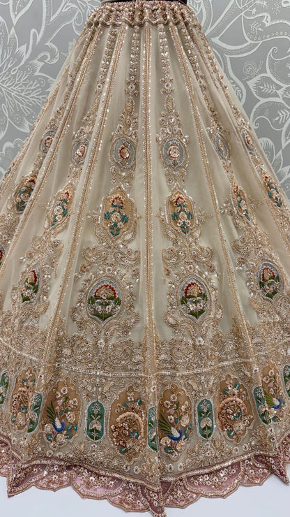 Cream Pure Heavy Net Motif Handwork Zari Sequins Work Bridal Lehenga Choli
