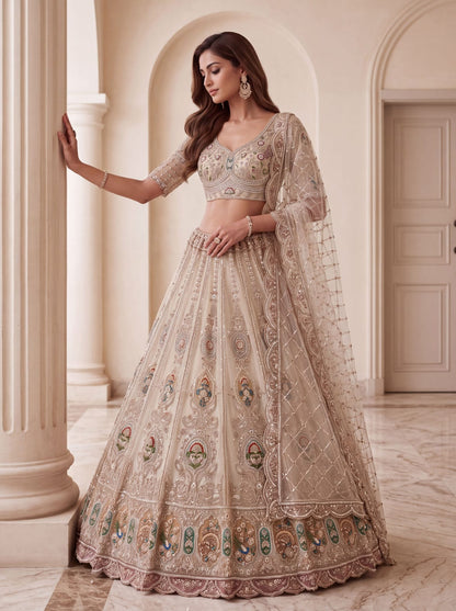 Cream Pure Heavy Net Motif Handwork Zari Sequins Work Bridal Lehenga Choli