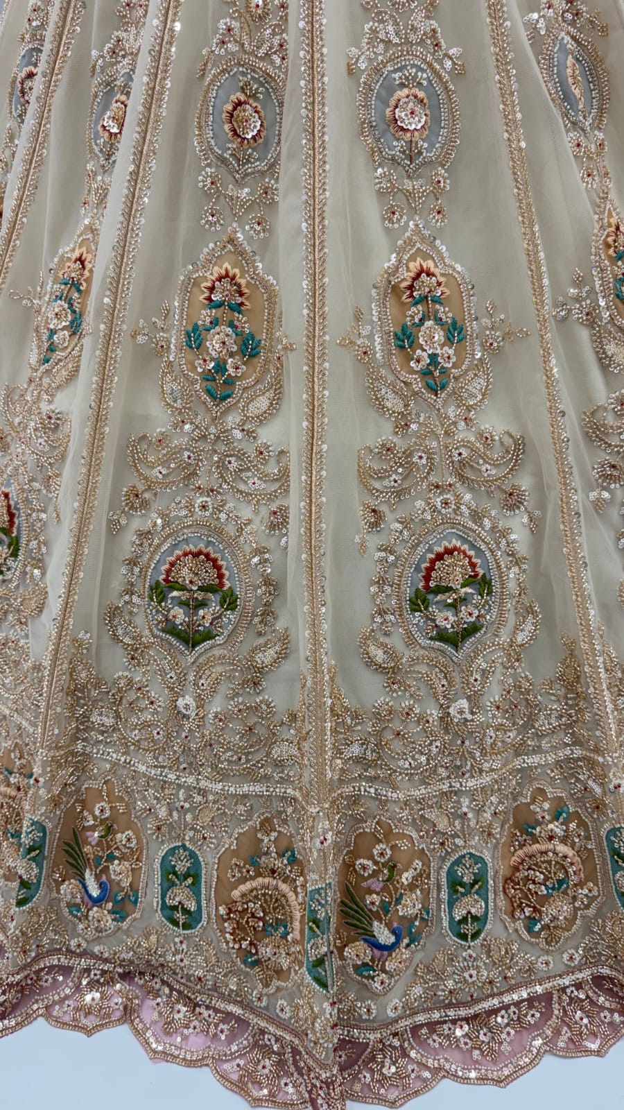 Cream Pure Heavy Net Motif Handwork Zari Sequins Work Bridal Lehenga Choli