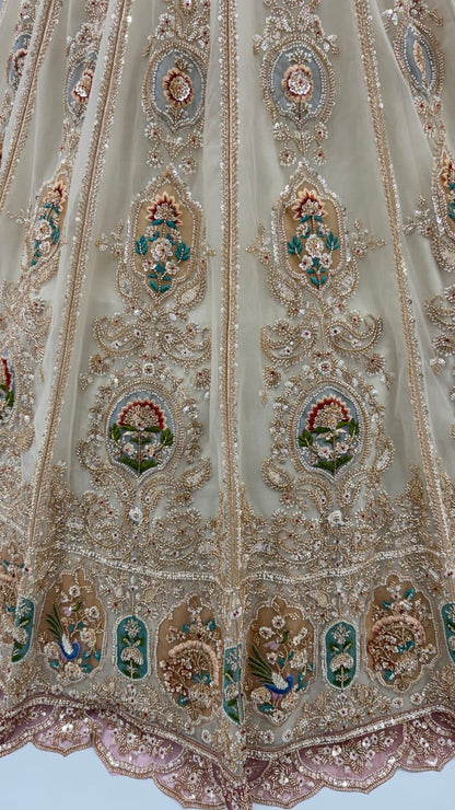 Cream Pure Heavy Net Motif Handwork Zari Sequins Work Bridal Lehenga Choli
