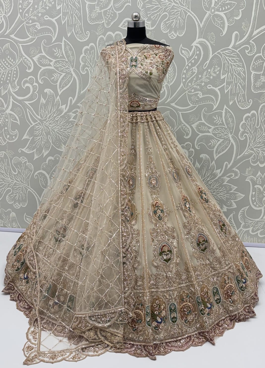Cream Pure Heavy Net Motif Handwork Zari Sequins Work Bridal Lehenga Choli