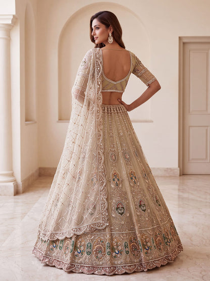 Cream Pure Heavy Net Motif Handwork Zari Sequins Work Bridal Lehenga Choli