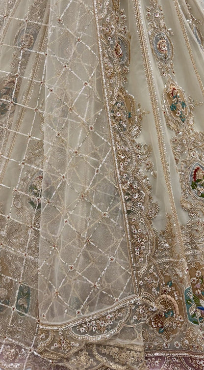 Cream Pure Heavy Net Motif Handwork Zari Sequins Work Bridal Lehenga Choli