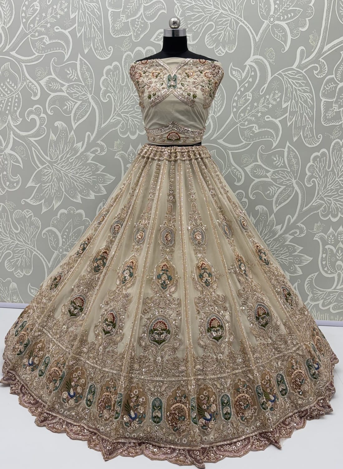 Cream Pure Heavy Net Motif Handwork Zari Sequins Work Bridal Lehenga Choli