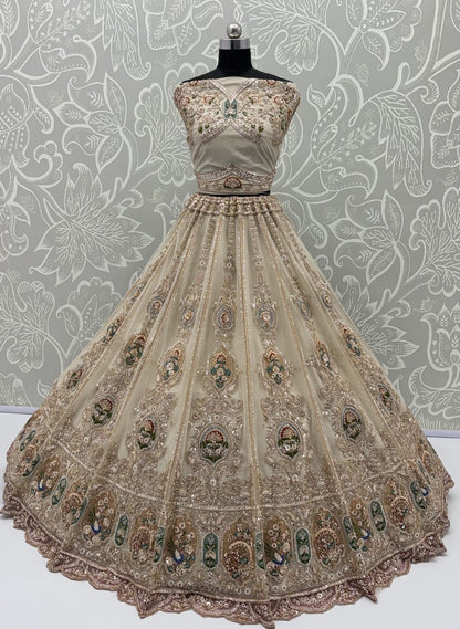 Cream Pure Heavy Net Motif Handwork Zari Sequins Work Bridal Lehenga Choli