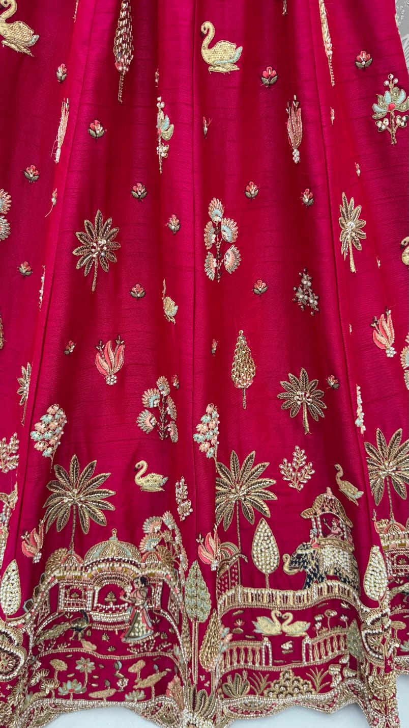 Red Pure Sub Silk Premium Heavy Beads &amp; Motif Dori Embroidery Zari Sequins Hand Work Bridal Lehenga Choli