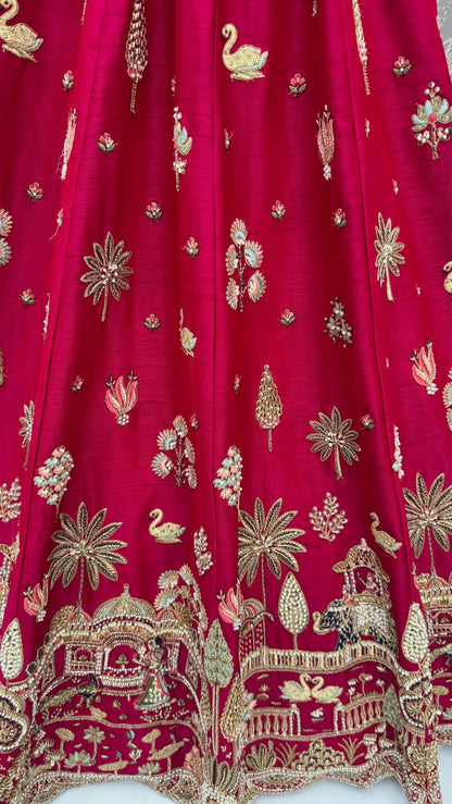 Red Pure Sub Silk Premium Heavy Beads &amp; Motif Dori Embroidery Zari Sequins Hand Work Bridal Lehenga Choli