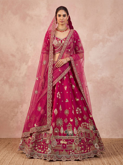 Red Pure Sub Silk Premium Heavy Beads &amp; Motif Dori Embroidery Zari Sequins Hand Work Bridal Lehenga Choli