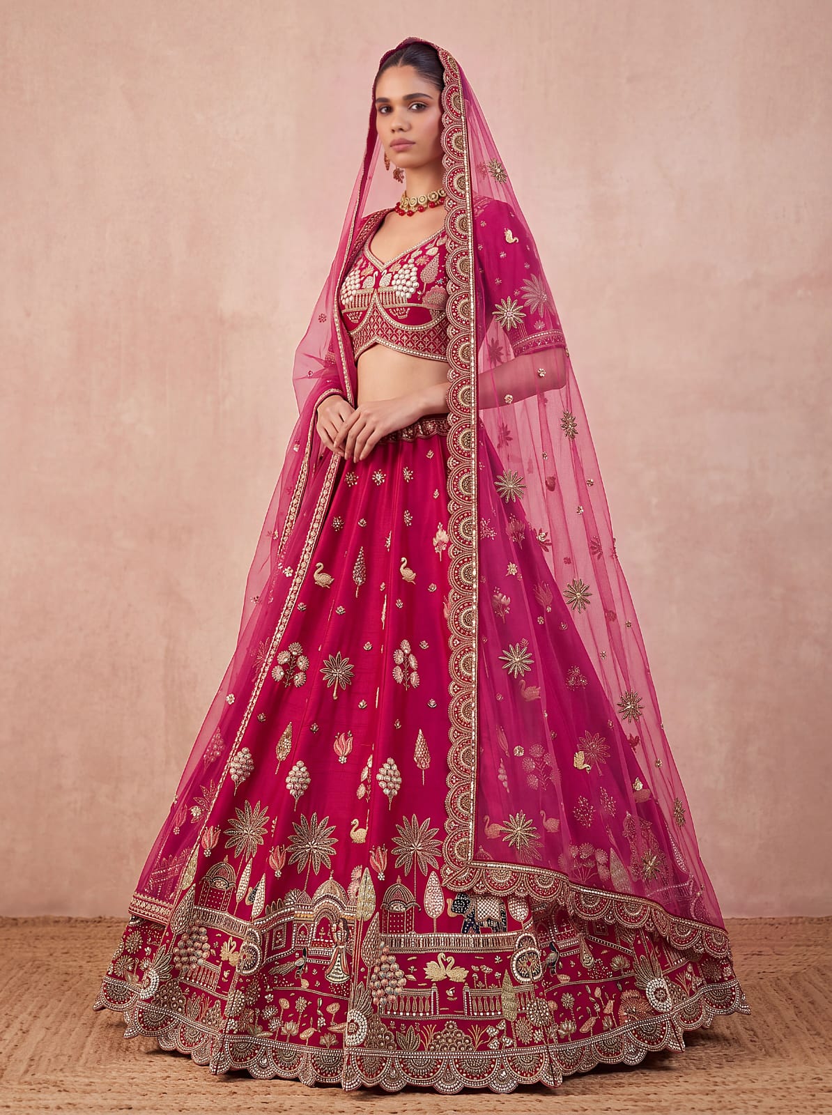 Red Pure Sub Silk Premium Heavy Beads &amp; Motif Dori Embroidery Zari Sequins Hand Work Bridal Lehenga Choli