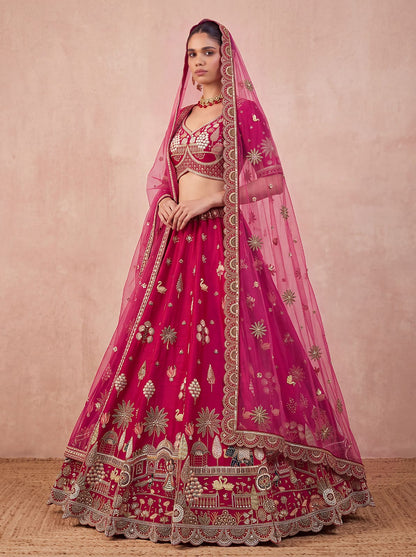 Red Pure Sub Silk Premium Heavy Beads &amp; Motif Dori Embroidery Zari Sequins Hand Work Bridal Lehenga Choli