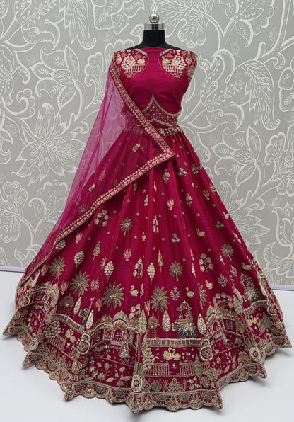 Red Pure Sub Silk Premium Heavy Beads &amp; Motif Dori Embroidery Zari Sequins Hand Work Bridal Lehenga Choli