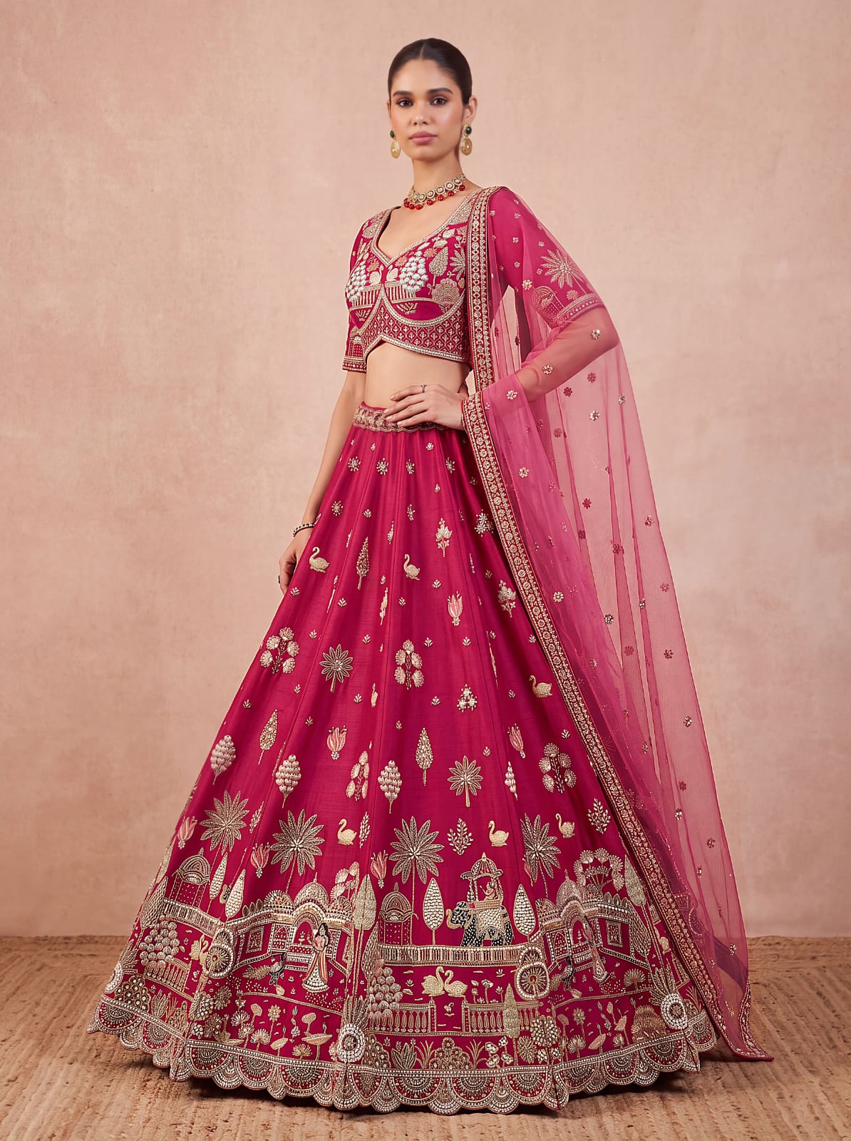 Red Pure Sub Silk Premium Heavy Beads &amp; Motif Dori Embroidery Zari Sequins Hand Work Bridal Lehenga Choli