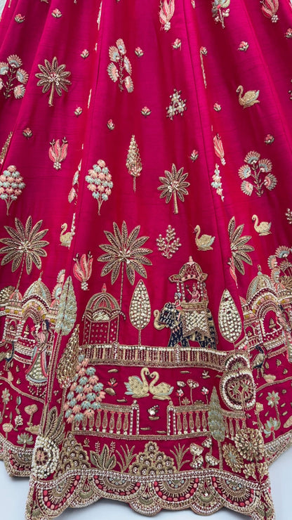 Red Pure Sub Silk Premium Heavy Beads &amp; Motif Dori Embroidery Zari Sequins Hand Work Bridal Lehenga Choli