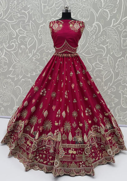 Red Pure Sub Silk Premium Heavy Beads &amp; Motif Dori Embroidery Zari Sequins Hand Work Bridal Lehenga Choli