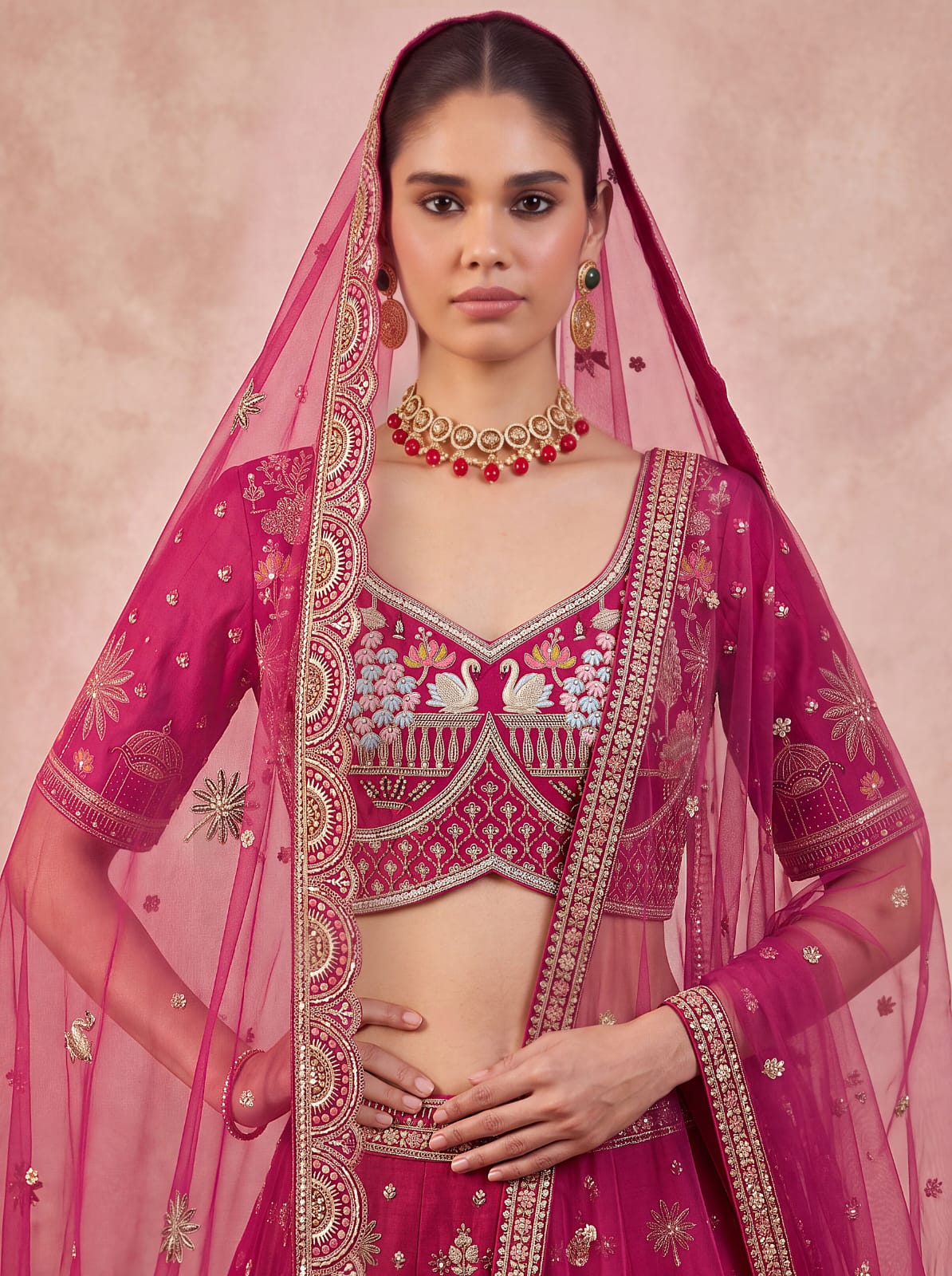 Red Pure Sub Silk Premium Heavy Beads &amp; Motif Dori Embroidery Zari Sequins Hand Work Bridal Lehenga Choli