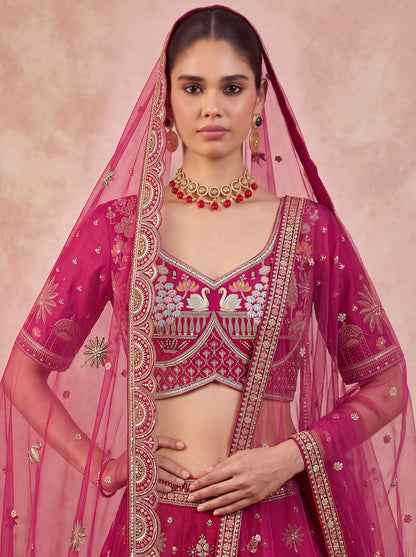 Red Pure Sub Silk Premium Heavy Beads &amp; Motif Dori Embroidery Zari Sequins Hand Work Bridal Lehenga Choli