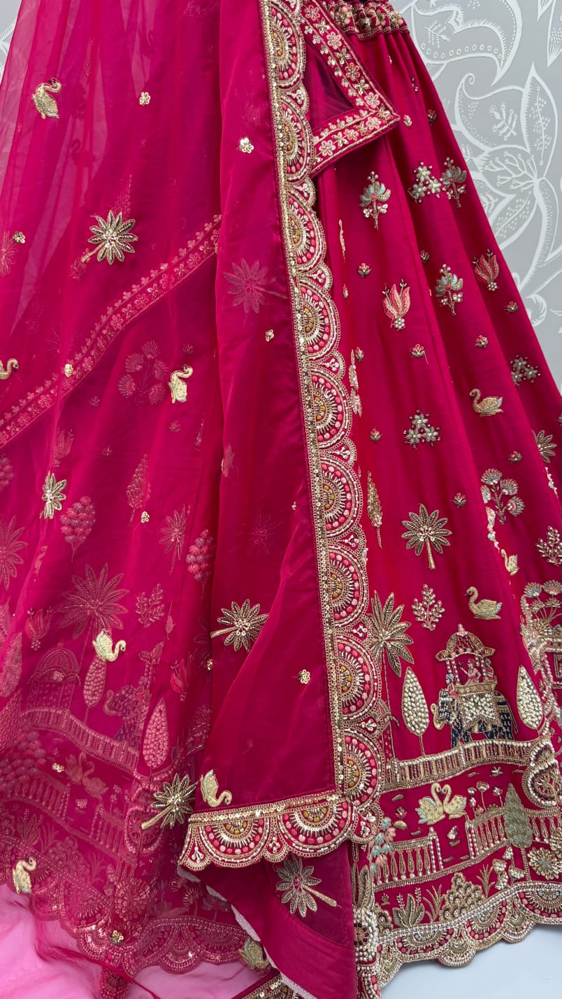 Red Pure Sub Silk Premium Heavy Beads &amp; Motif Dori Embroidery Zari Sequins Hand Work Bridal Lehenga Choli