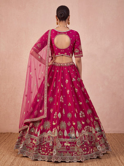 Red Pure Sub Silk Premium Heavy Beads &amp; Motif Dori Embroidery Zari Sequins Hand Work Bridal Lehenga Choli