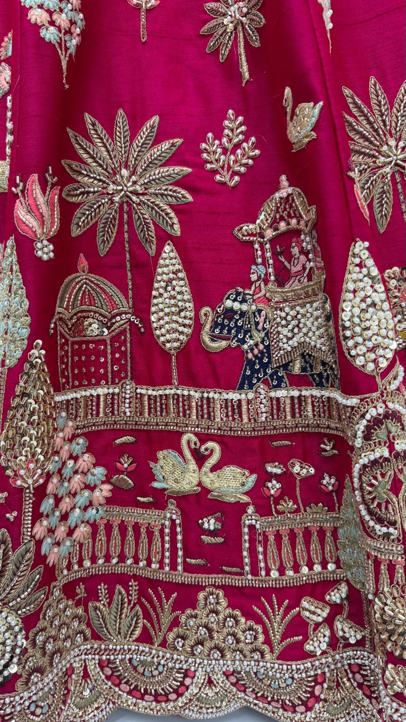 Red Pure Sub Silk Premium Heavy Beads &amp; Motif Dori Embroidery Zari Sequins Hand Work Bridal Lehenga Choli