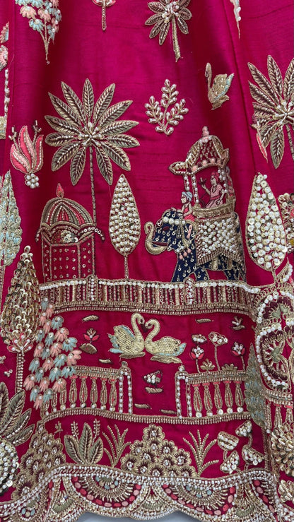 Red Pure Sub Silk Premium Heavy Beads &amp; Motif Dori Embroidery Zari Sequins Hand Work Bridal Lehenga Choli