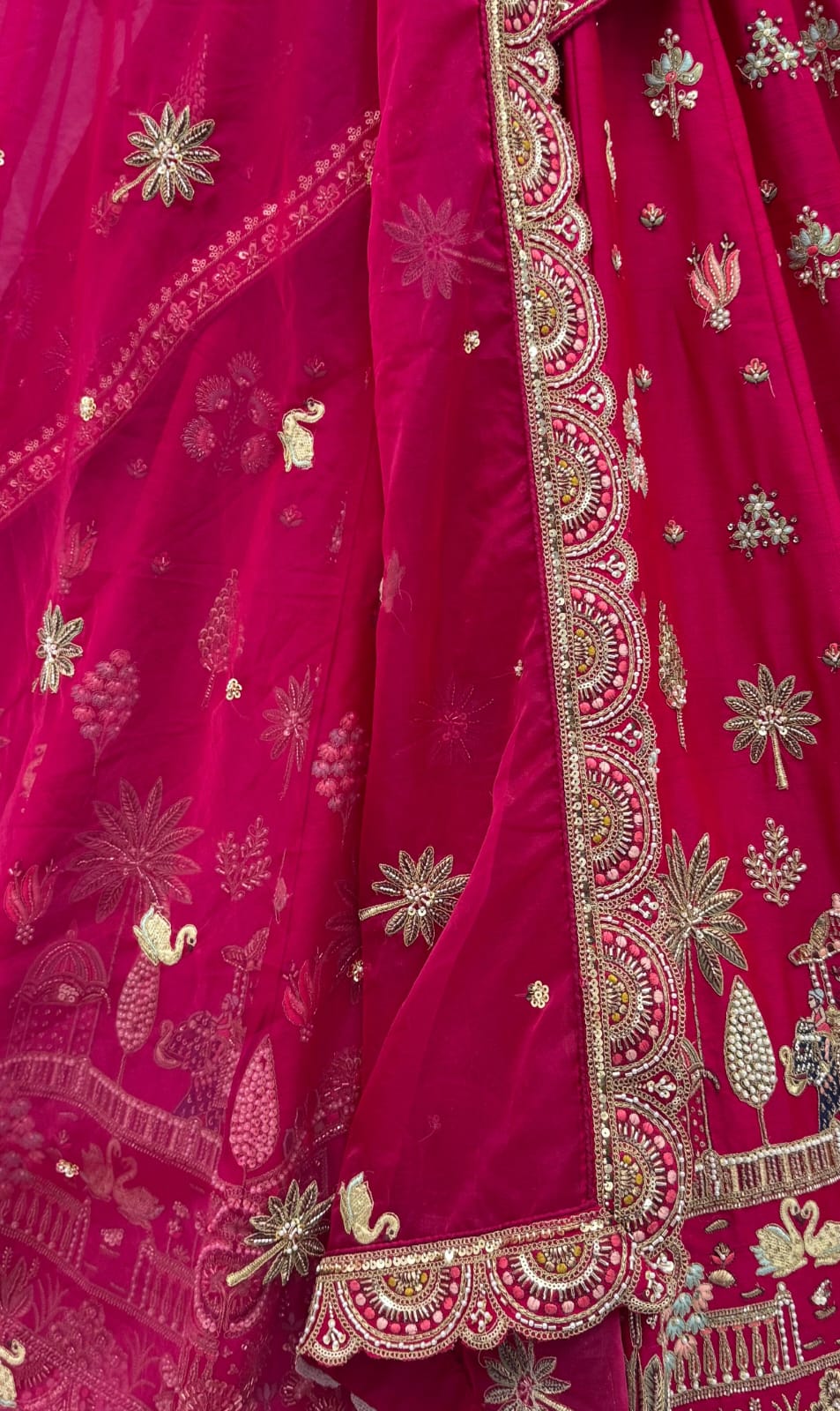 Red Pure Sub Silk Premium Heavy Beads &amp; Motif Dori Embroidery Zari Sequins Hand Work Bridal Lehenga Choli