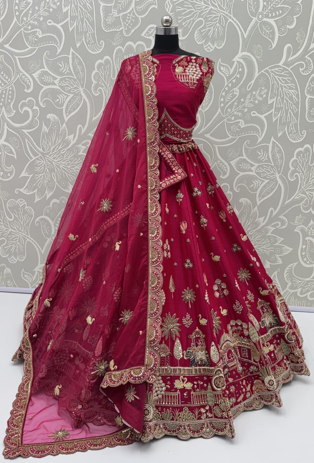 Red Pure Sub Silk Premium Heavy Beads &amp; Motif Dori Embroidery Zari Sequins Hand Work Bridal Lehenga Choli