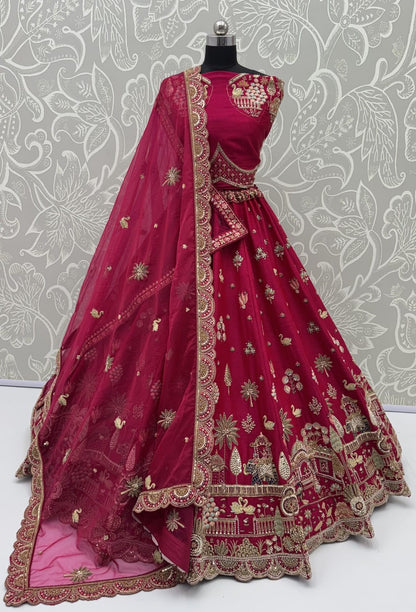 Red Pure Sub Silk Premium Heavy Beads &amp; Motif Dori Embroidery Zari Sequins Hand Work Bridal Lehenga Choli