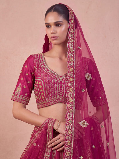 Pink Pure Sub Silk Premium Heavy Beads &amp; Motif Dori Embroidery Zari Sequins Hand Work Bridal Lehenga Choli