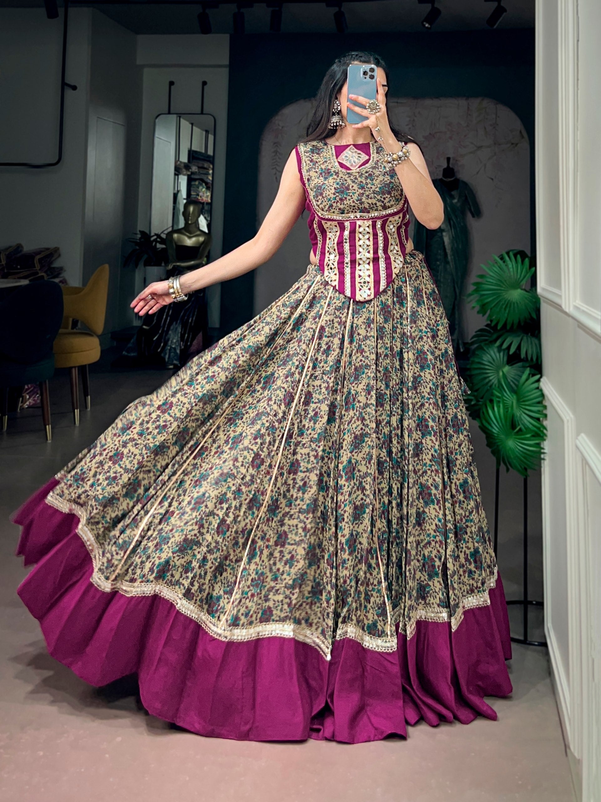 Wine Pure Polyester Viscose Chanderi Cotton Thread Mirror Lace Work Navratri Gown