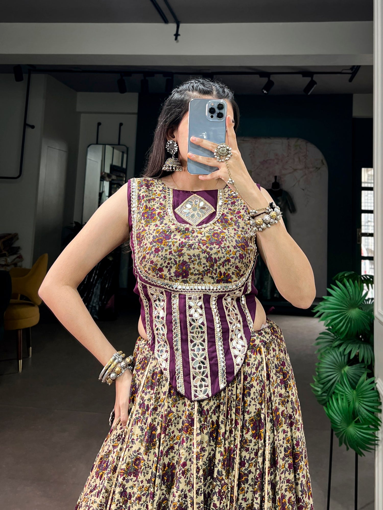 Purple Pure Polyester Viscose Chanderi Cotton Thread Mirror Lace Work Navratri Gown