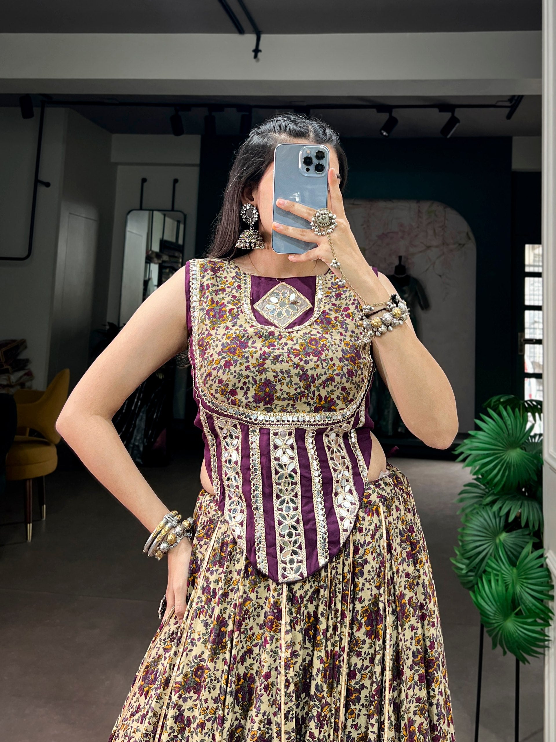 Purple Pure Polyester Viscose Chanderi Cotton Thread Mirror Lace Work Navratri Gown