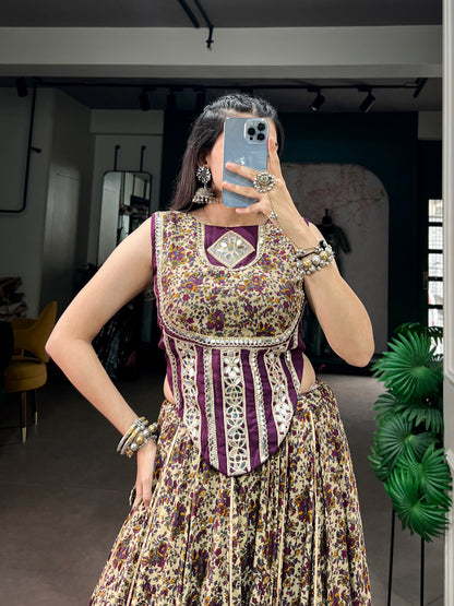 Purple Pure Polyester Viscose Chanderi Cotton Thread Mirror Lace Work Navratri Gown
