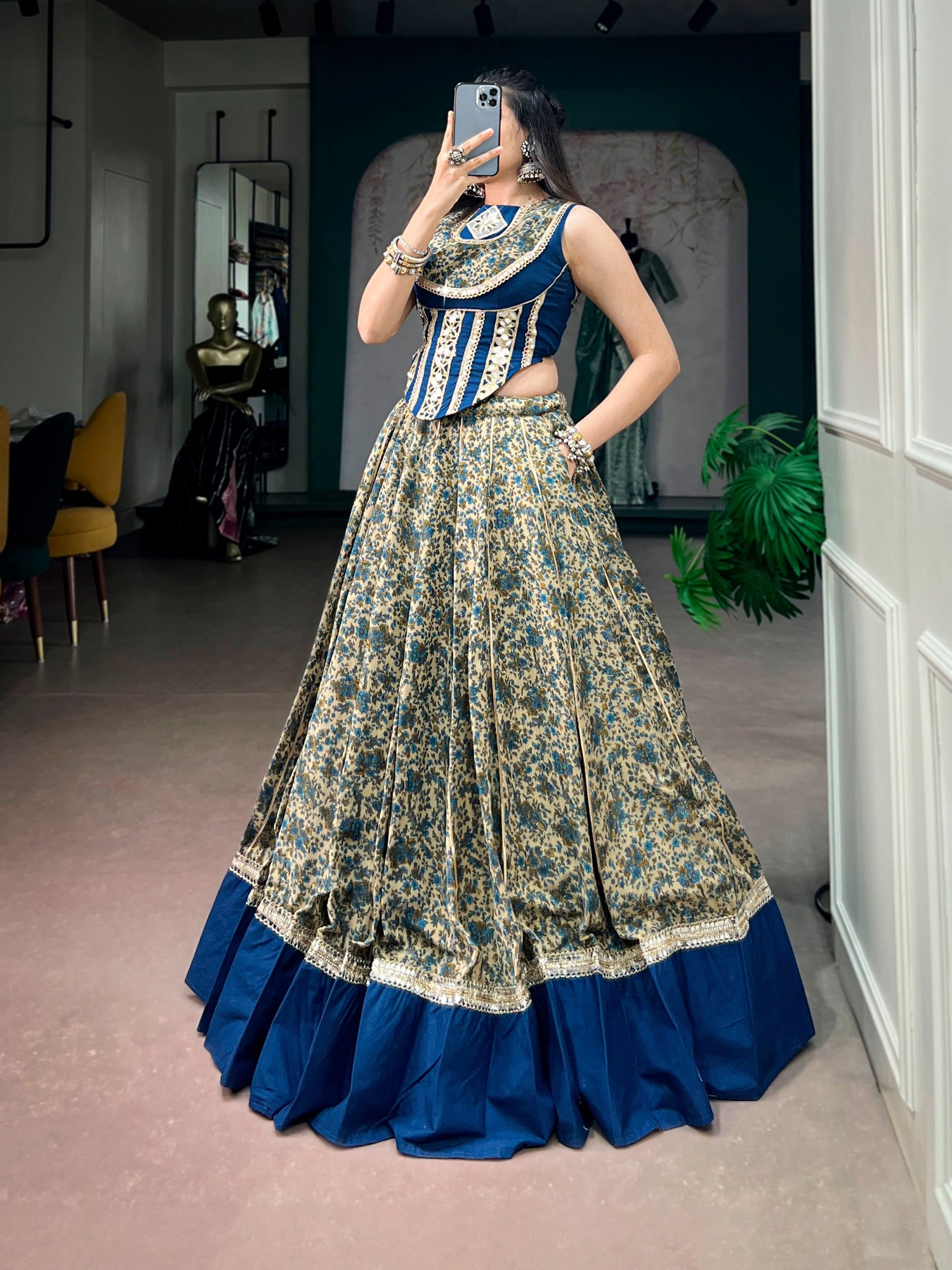 Navy Blue Pure Polyester Viscose Chanderi Cotton Thread Mirror Lace Work Navratri Gown