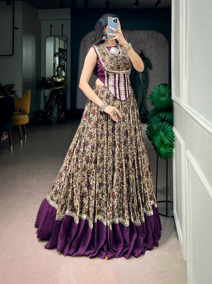 Purple Pure Polyester Viscose Chanderi Cotton Thread Mirror Lace Work Navratri Gown