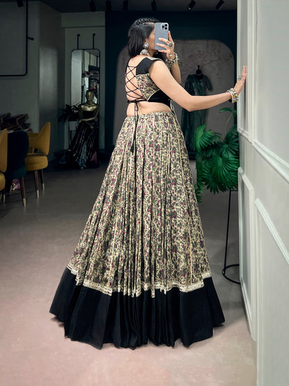 Black Pure Polyester Viscose Chanderi Cotton Thread Mirror Lace Work Navratri Gown