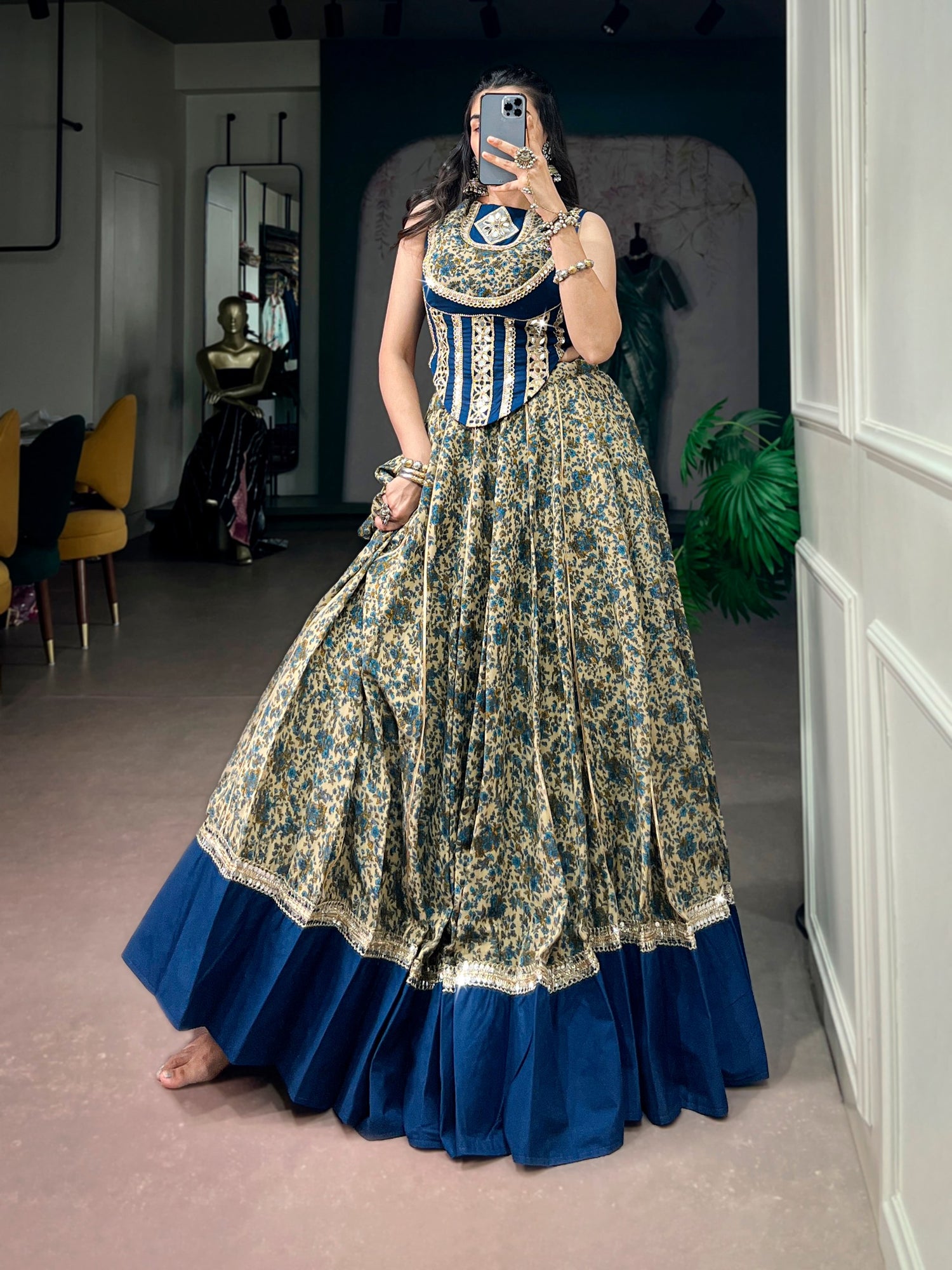 Navy Blue Pure Polyester Viscose Chanderi Cotton Thread Mirror Lace Work Navratri Gown