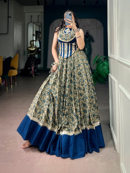Navy Blue Pure Polyester Viscose Chanderi Cotton Thread Mirror Lace Work Navratri Gown