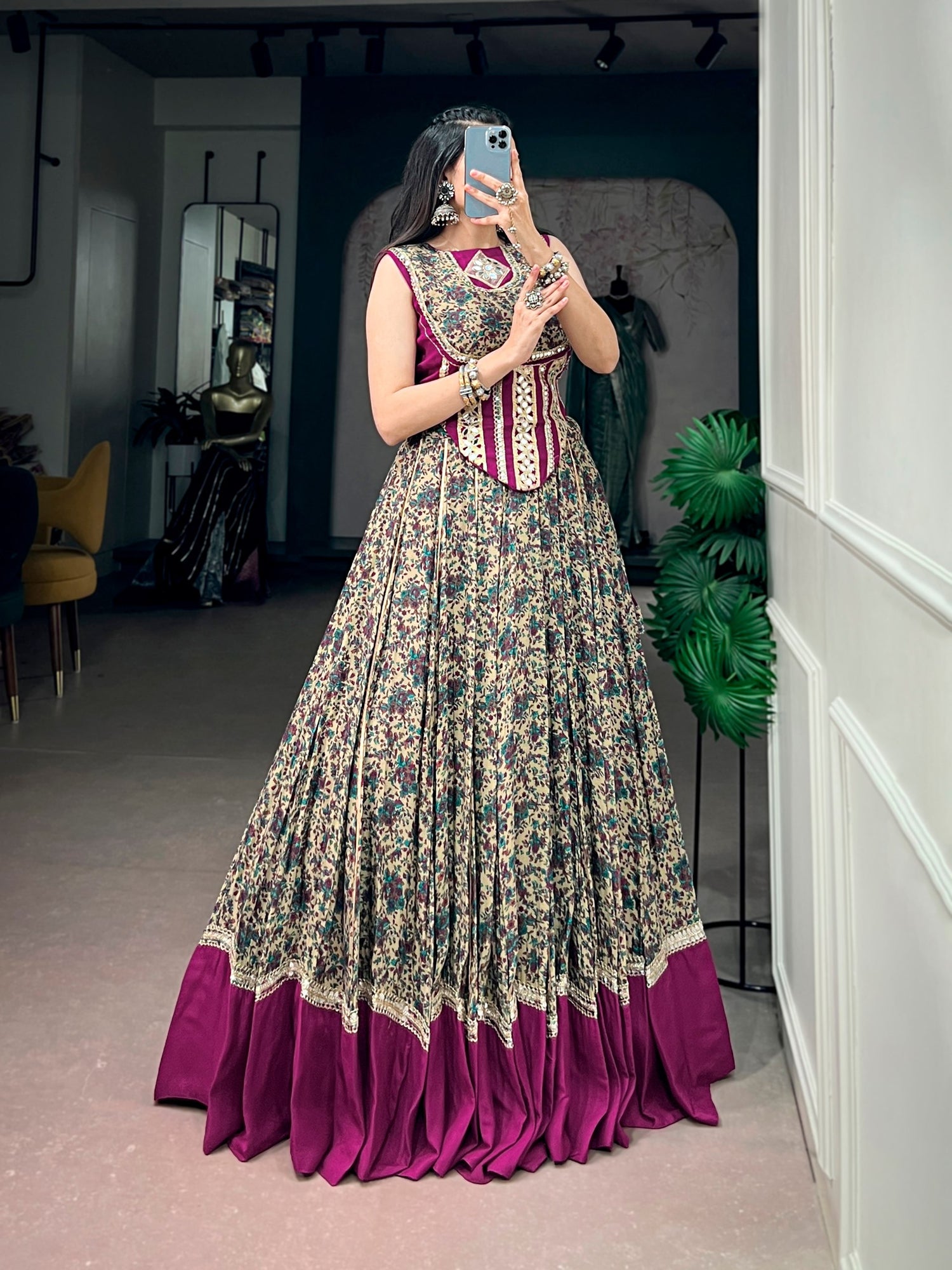 Wine Pure Polyester Viscose Chanderi Cotton Thread Mirror Lace Work Navratri Gown