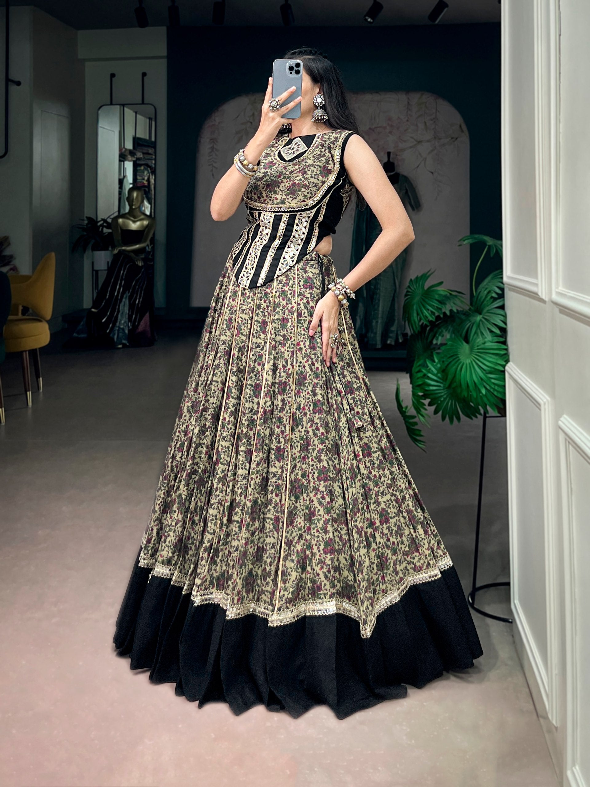 Black Pure Polyester Viscose Chanderi Cotton Thread Mirror Lace Work Navratri Gown