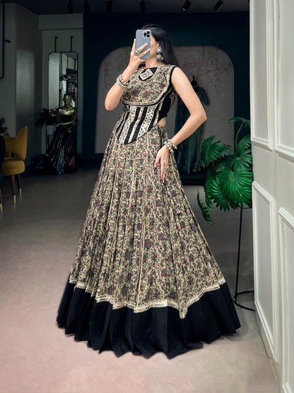 Black Pure Polyester Viscose Chanderi Cotton Thread Mirror Lace Work Navratri Gown