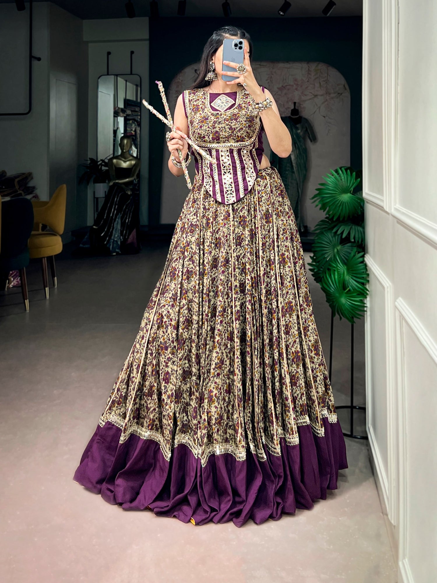 Purple Pure Polyester Viscose Chanderi Cotton Thread Mirror Lace Work Navratri Gown