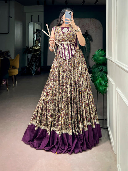 Purple Pure Polyester Viscose Chanderi Cotton Thread Mirror Lace Work Navratri Gown